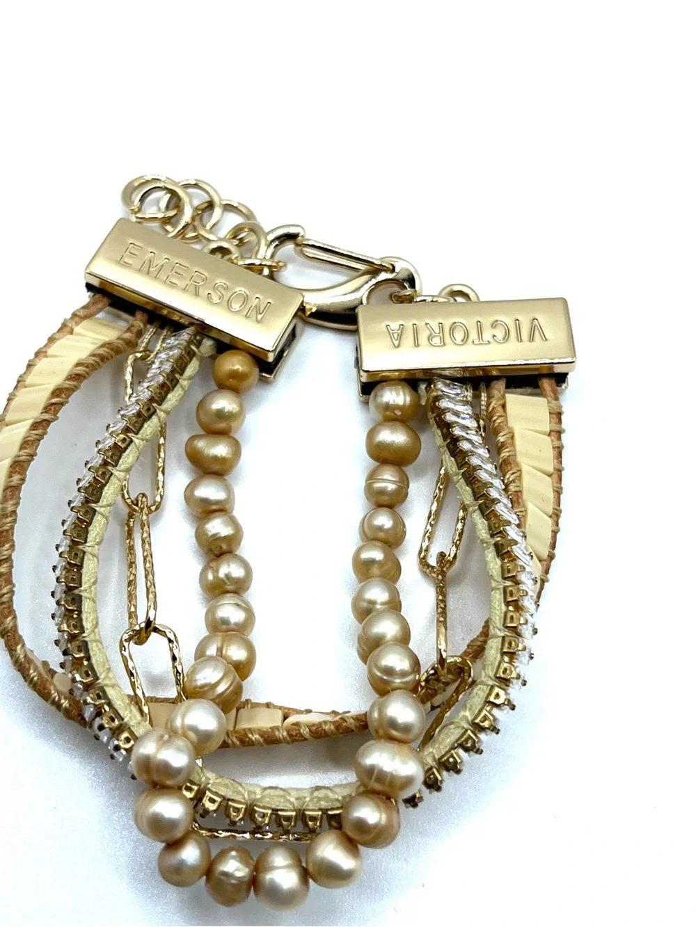 Emerson Gold Multi Strand Pearl Paperclip Rhinestone and Beaded Bracelet Layered